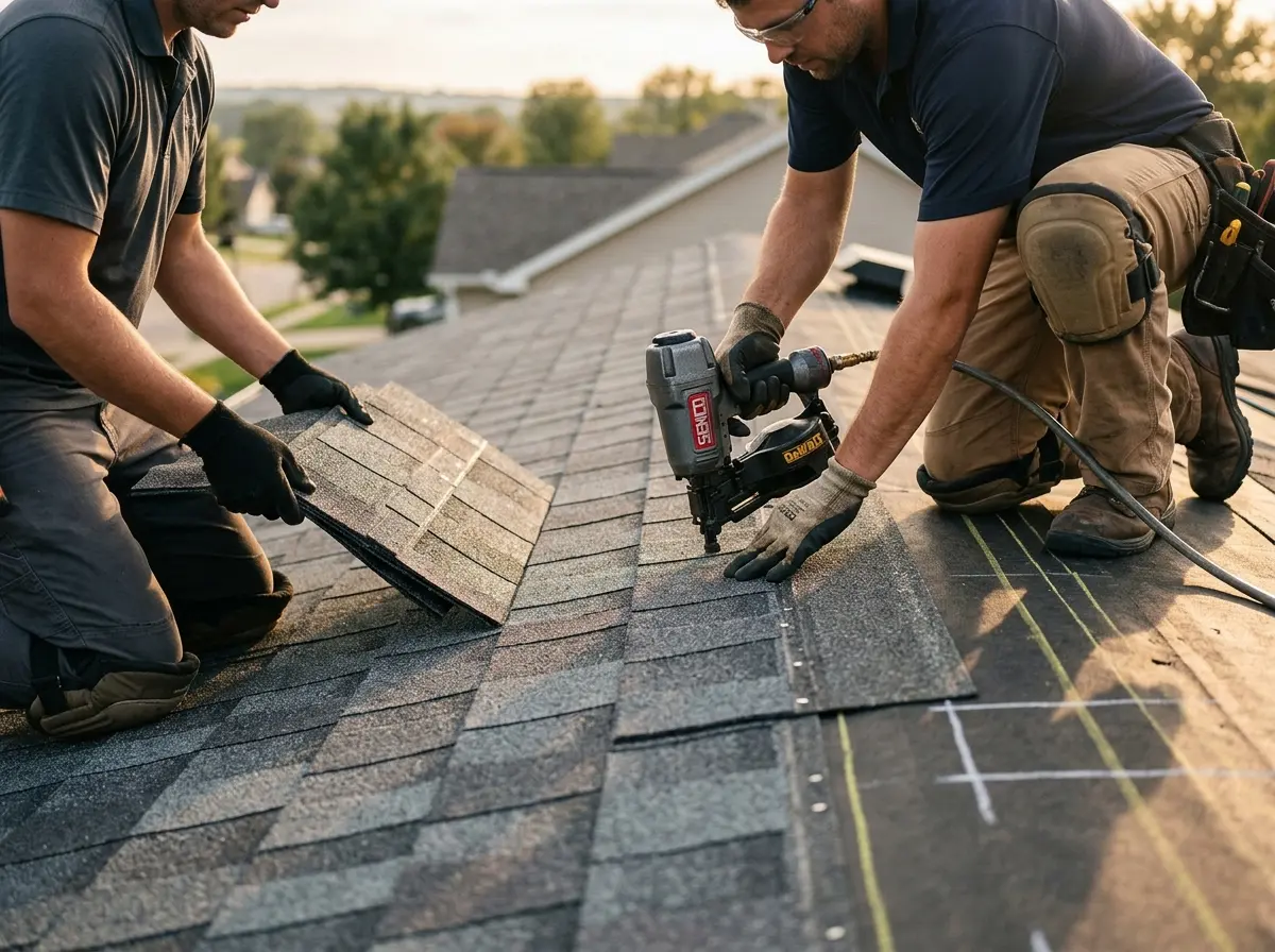 Professional roofer working on a residential roof in Edinboro